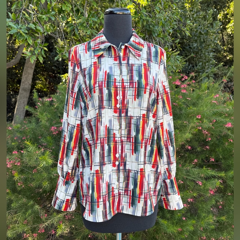 Etcetera button down shirt with deep cuffs and paintbrush print - size 2